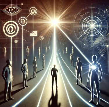 human figures standing in front of a line beaming up to what looks like a star