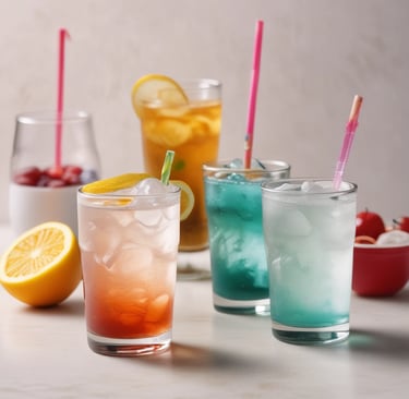 A vibrant display of colorful drinks resembling chemical reactions.