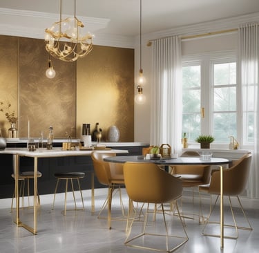 a dining room with a table and chairs and a touch of gold