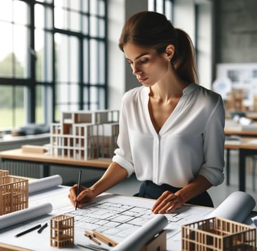 a woman in a white blouse and black skirt is sitting at a table with architectural