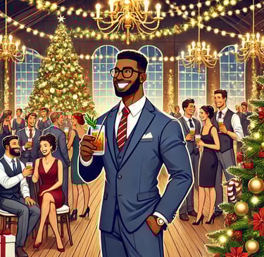a man in a suit and tie standing in front of a christmas tree