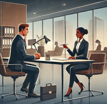 a man and woman sitting at a table with a cup of coffee