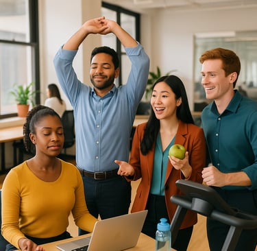 a group of people standing around a table with a laptop