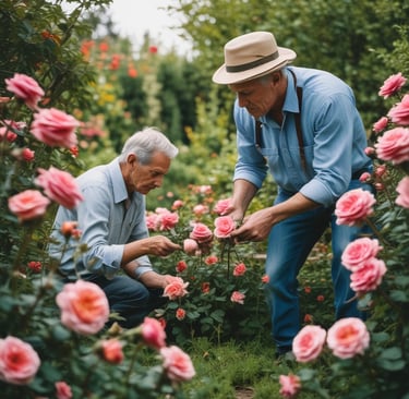 two gardeners looking at their flowers 