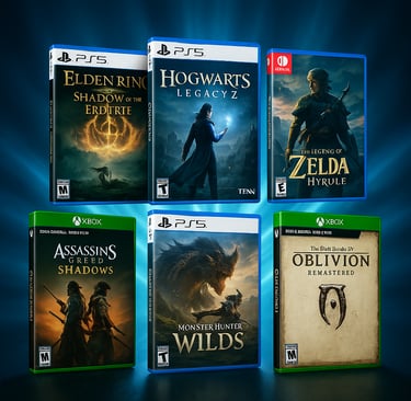 Top 2025 video games lineup glowing with V-shaped box art.