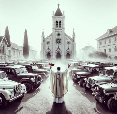 a priest in a white robe standing in front of a church