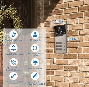 Smart video intercom system with night vision and waterproof outdoor camera mounted on a brick wall.