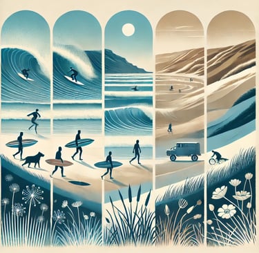 A minimalist illustration of Woolacombe throughout the year, depicting seasonal changes with the beach, sea, and surrounding 