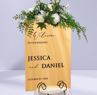 Stylish gold rectangular wedding welcome sign for Jessica & Daniel.