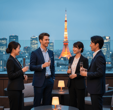 Business Networking in Tokio – junge Fachkraft spricht Japanisch mit Kollegen auf einer Rooftop-Bar, Karrierevorteile durch J