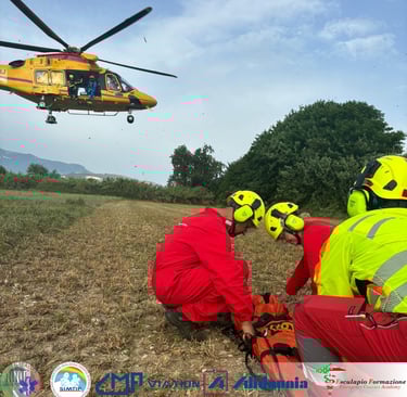Medical personnel during practical training in front of an Agusta AW139 helicopter - training