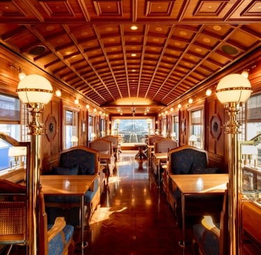 Luxury lounge interior of Seven Stars Kyushu train, featuring elegant wood paneling and bar seating.