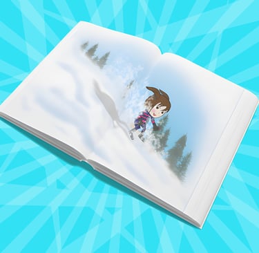 “Open children’s book with a girl skiing down a snowy hill among pine trees — playful winter illustration.”