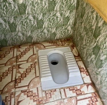 Squat toilet with tiles on floor and walls..