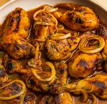 un bol du poulet en sauce juteux avec de l'oigon