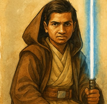 Imagen del matemático indio Srinivasa Ramanujan convertido en padawan con una espada láser y una túnica.