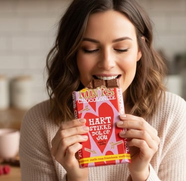 een vrouw die een hap Valentijns chocolade neemt