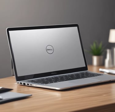 A silver laptop is displayed with its screen on, showing a wallpaper featuring a person in a checkered shirt holding a camera. The person is surrounded by cyclists in a blurred background. On either side of the laptop, camera lenses and a silver smartphone are placed, giving a tech and photography theme. The surface is covered with a textured blue material, providing a soft contrast.