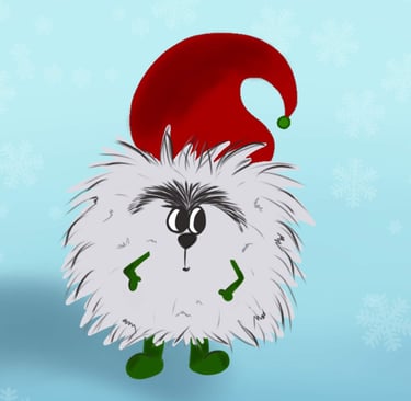 illustration d’un groumpf blanc au bonnet rouge, personnage de conte jeunesse