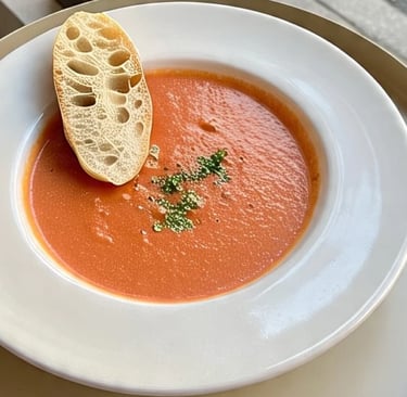 a bowl of soup with breaded bread on a table