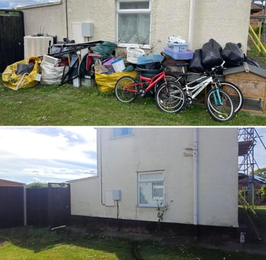 before and after pictures of waste removed from the side of a house in worcester city
