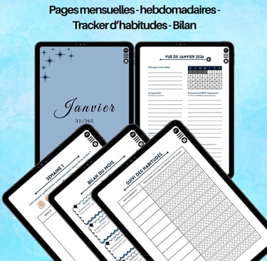 Agenda numérique sur tablettes affichant des pages mensuelles, hebdomadaires et de suivi d'habitudes