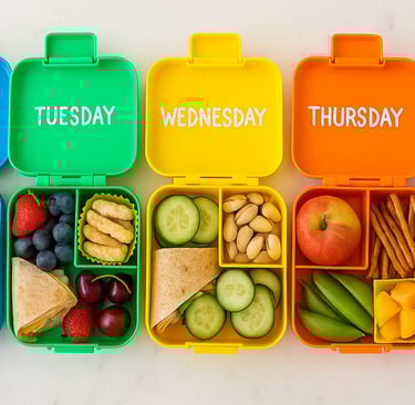 Five lunchboxes lined up on counter, each filled with a different recipe like wraps