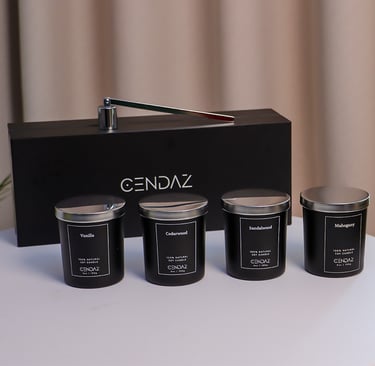 Luxury soy wax candle set with 4 jars and metal snuffer in gift box