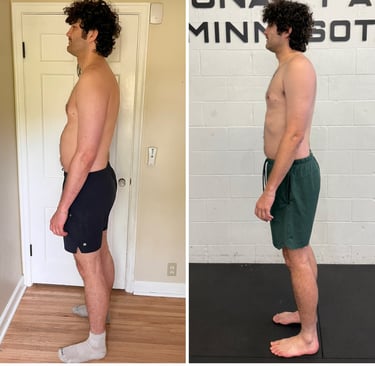 man with improved posture, more muscle, less fat in after vs before training