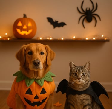 Dog and cat near safe Halloween decorations at home in Burlington.