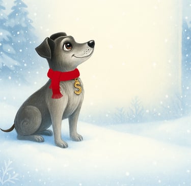 Samson the storybook dog in a red scarf sitting in a soft winter snow scene with glowing light and falling snowflakes — hero
