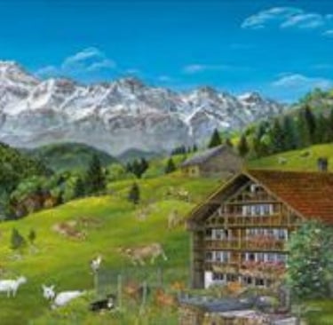 a painting of a farm scene with a barn and a mountain range