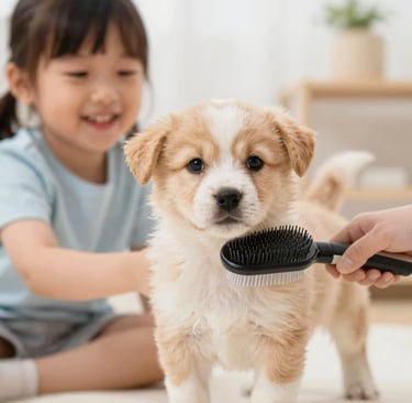 A cheerful golden retriever happily playing with a colorful chew toy in a sunny backyard.