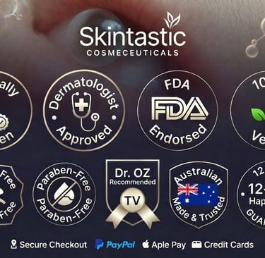 Skintastic Cosmeceuticals quality badges for vegan, cruelty-free, and paraben-free skincare products.