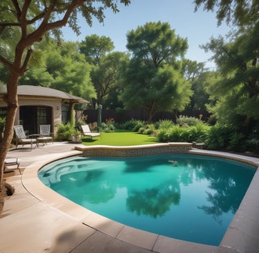 Luxury backyard circular swimming pool with a stone waterfall feature and modern patio landscaping.