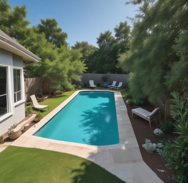 A newly installed modern pool with elegant tile work and ambient lighting at dusk.