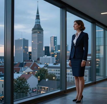 Elegant photography of a modern Estonian business person in professional attire standing by a large glass window overlooking the Tallinn skyline at dusk, steel blue and navy tones.