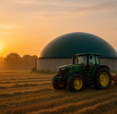 a tractor with a large green dome shaped object in the background