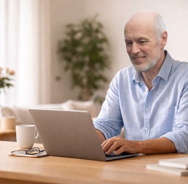 Coach erklärt Person über 60 digitale Anwendungen einfach und verständlich (KI-generiertes Bild)