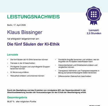 Liestungsnachweis an Wieterbildungskurs zu Die fünf Säulen der KI-Ethik