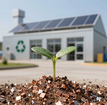 Close-up of shiny copper pieces after recycling, ready for reuse in manufacturing.
