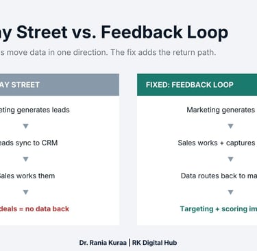 Comparison chart of a GTM one-way street versus a closed feedback loop for marketing data and sales leads.