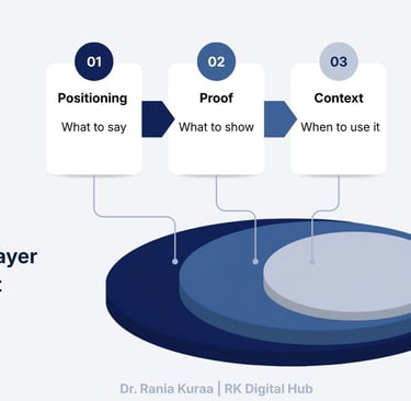An infographic showing the three-layer enablement system Positioning → Proof → Context With one line