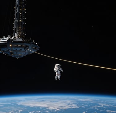 AgiTerA Beyond: Astronaut floating near futuristic space station, MICROGRAVITY.AERO