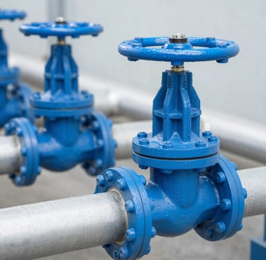 Close-up of industrial valves and gauges arranged neatly on a metallic surface.