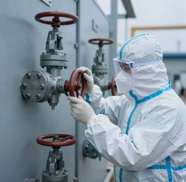 Technician installing a Siemens transmitter on a large industrial pipeline.