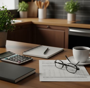 Home budgeting scene with a calculator, notebook, coffee cup, and smartphone on a kitchen counter