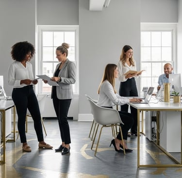 team of real estate agents collaborating in brokerage office