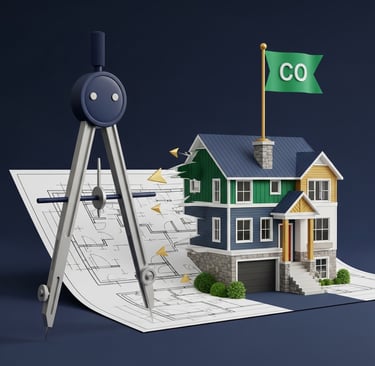 A 3D illustration of a drafting compass on a blueprint that evolves into a new construction home