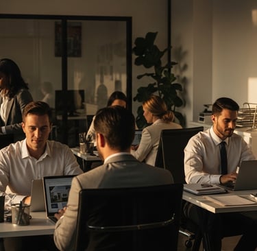 group of real estate agents working in a brokerage office